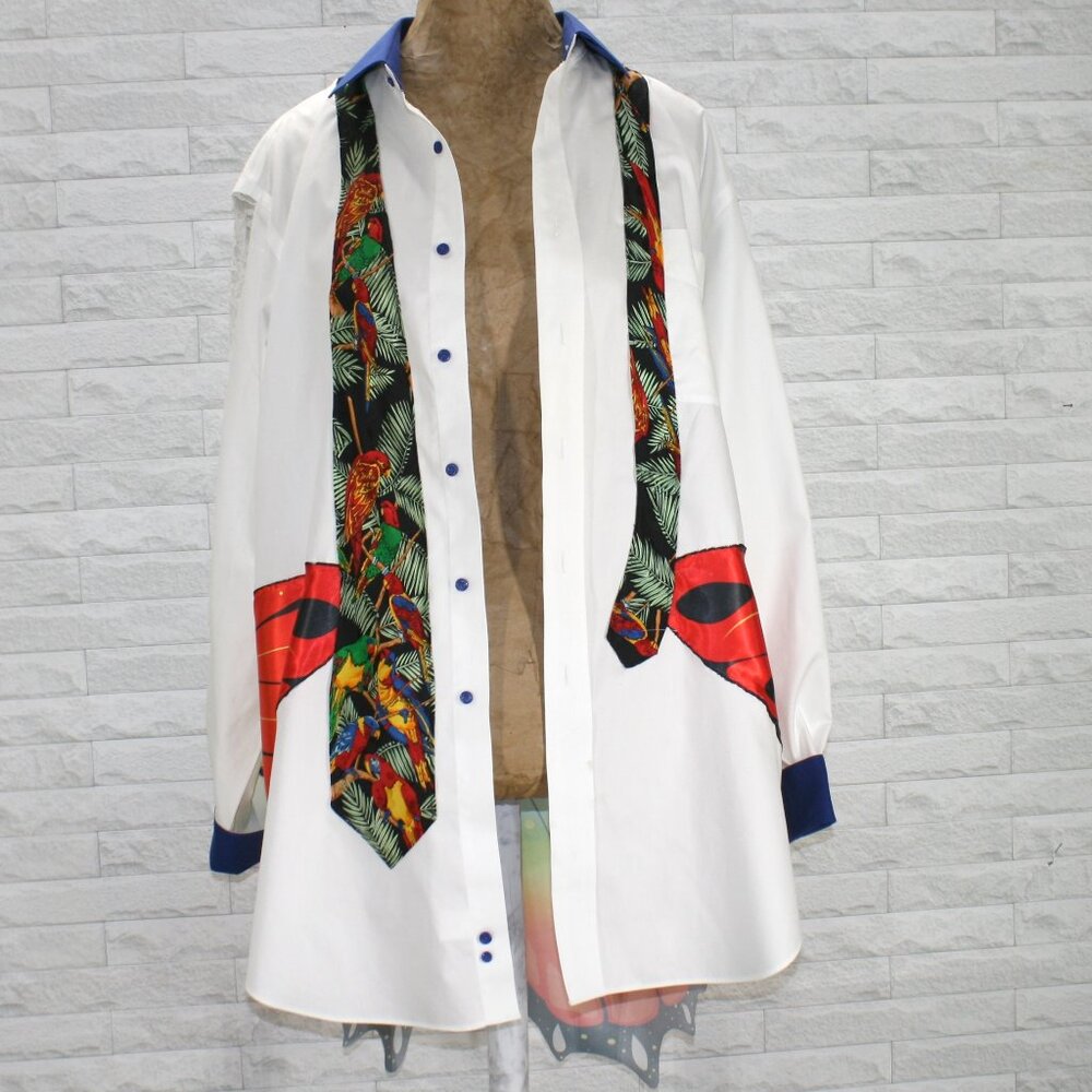 HAND CRAFTED Upcycled Shirt Shacket White Lace Swim Cover Butterfly Parrot Tie - Picture 2 of 16